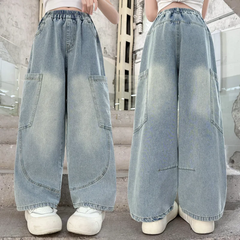 

Spring Autumn Teen Girl Jeans High Waisted Wide Leg Pants Children's Loose Korean Blue Denim Pants Casual Style Trousers Clothes