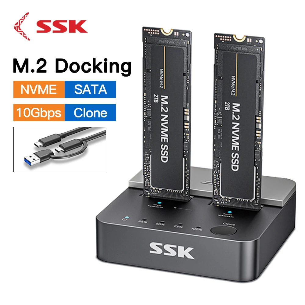 SSK NVMe & SATA SSD Enclosure Cloner M.2 NVME SATA SSD Adapter Type-C Hdd Docking Station Supports Offline Clone for M.2 Case