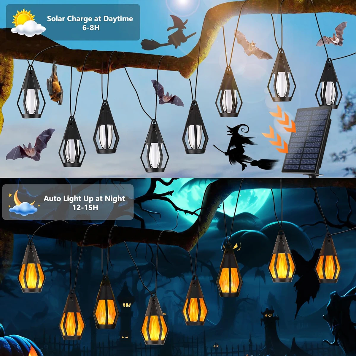 10 Pack Solar Halloween String Lights, 10 LED Flickering Flame Hanging Lanterns, Waterproof Outdoor Decor for Halloween Party