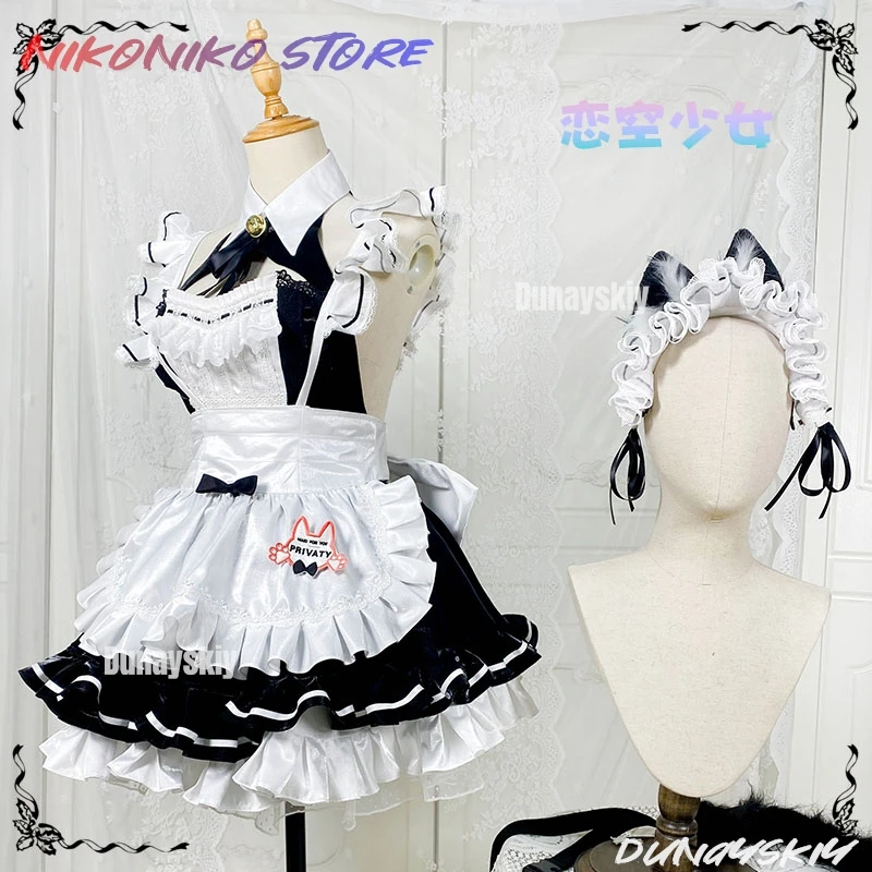 أزياء نيكي التأثيرية للنساء فستان خادمة خاصة أنيمي كوسبلاي آذان القط الخاصة أزياء الهالوين أسود وأبيض خادمة كوسبلاي