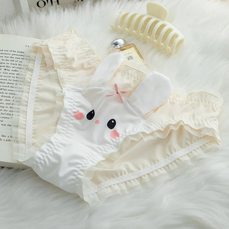 Cartoon Cute Rabbit Underpants Lolita Girls Japanese Printed Rabbit Milk Silk Panties Medium Low Waist Lace Edge Triangle Pants