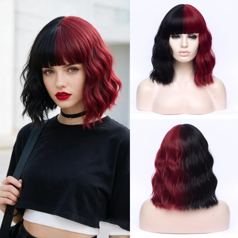 Zweifarbige Synthetische Kurze Halb-Rote Halb-Schwarze Bob-Perücke mit Pony für Frauen Ideal für Alltag Cosplay Party Anlässe