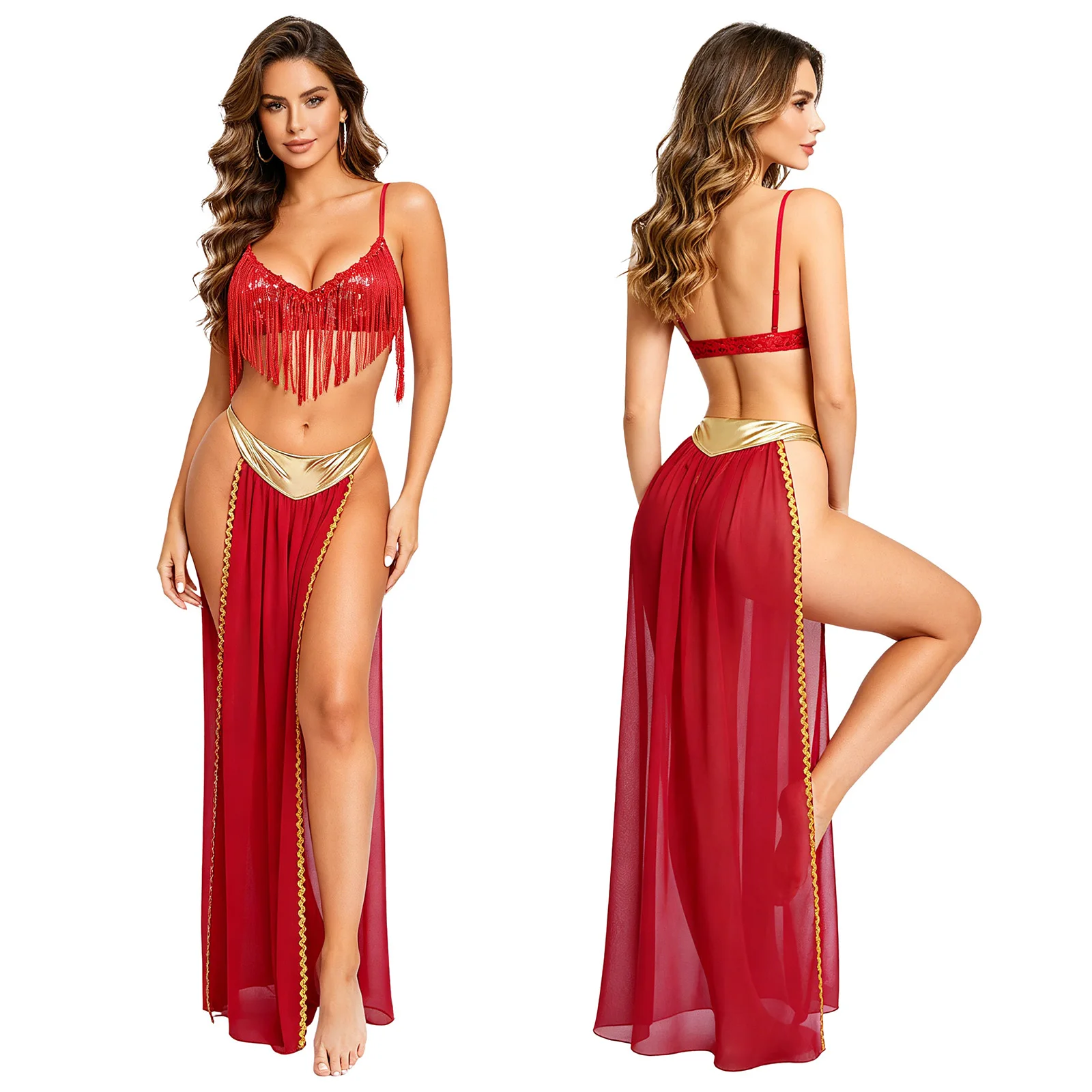Womens Belly Dance Set Sequin Tassel No-pad Bra Top with Flowy Chiffon Skirt and Briefs Outfits for Daily Practice Dance Class