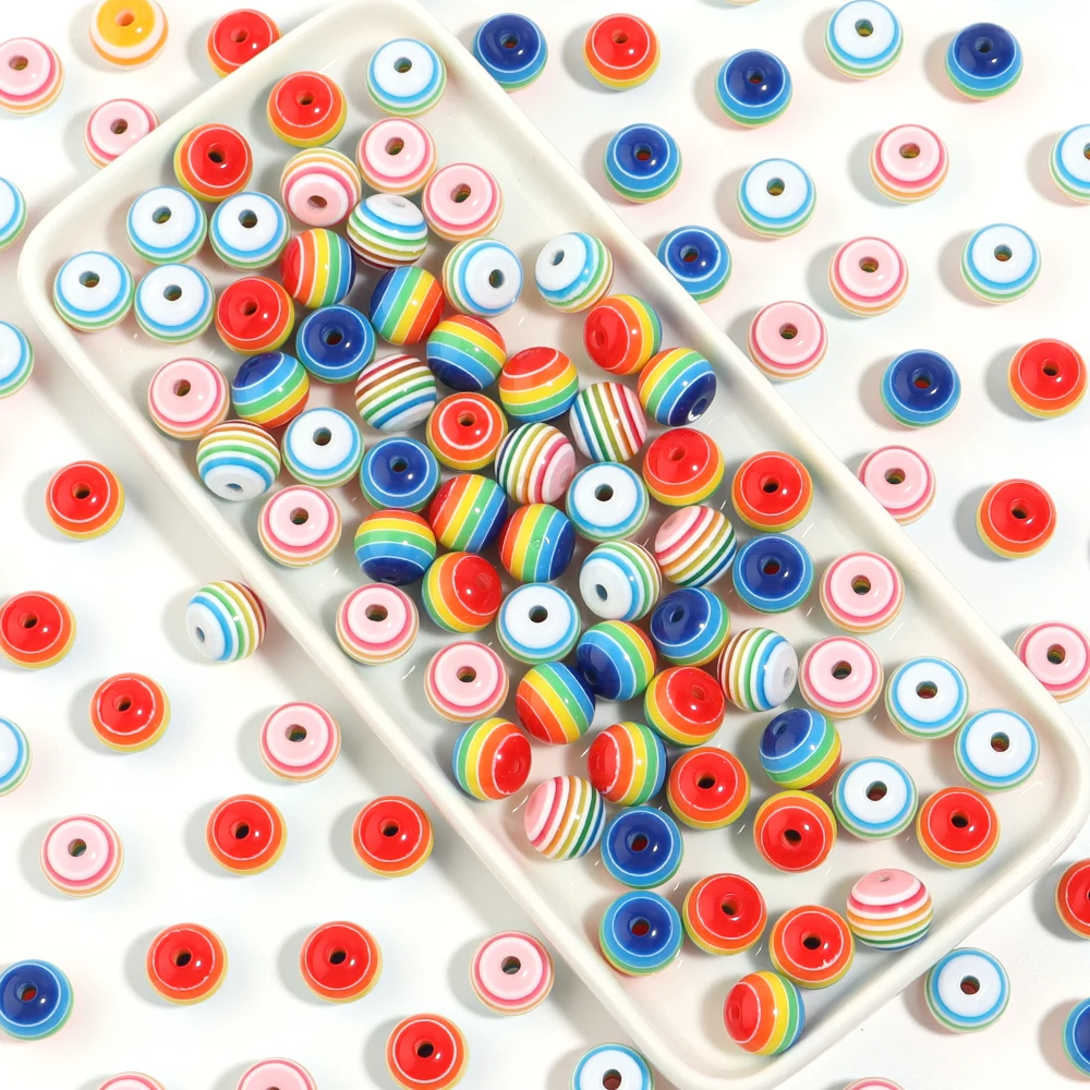 50pcs/lot Resin Round Beads 6/8/10/12mm Rainbow Color Stripe Pattern Loose Spacer Beads For DIY Jewelry Making Bracelet Necklace