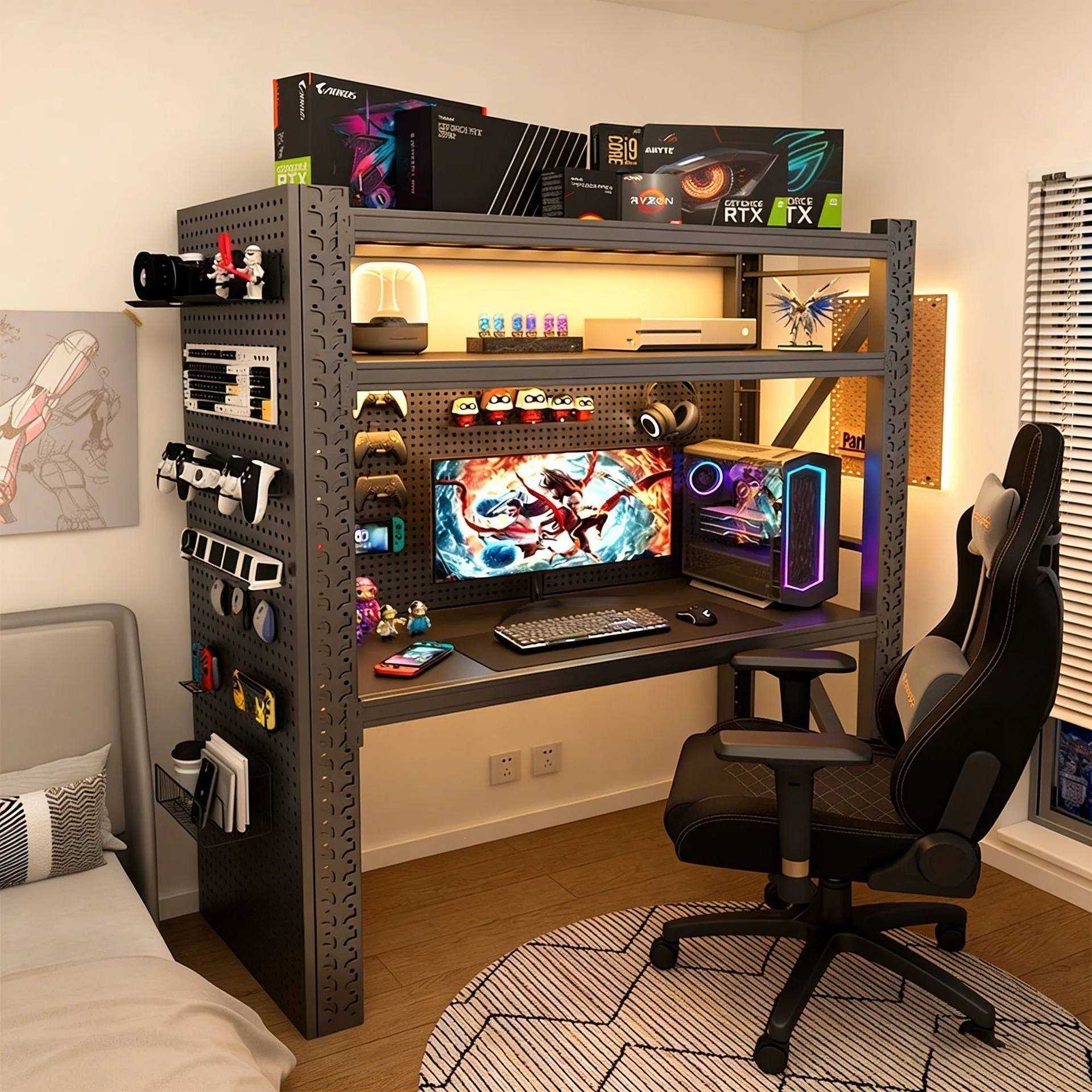 Adjustable Computer Desk, Multi-Layer Gaming Table with Pegboard, Home Office Study Table, Storage Organizer, Minimalist Design