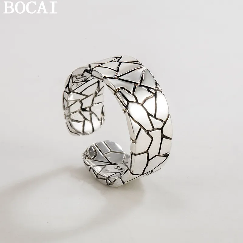 

BOCAI NEW S925 Sterling Silver Trendy Hip-hop Stone Pattern Crack Ring