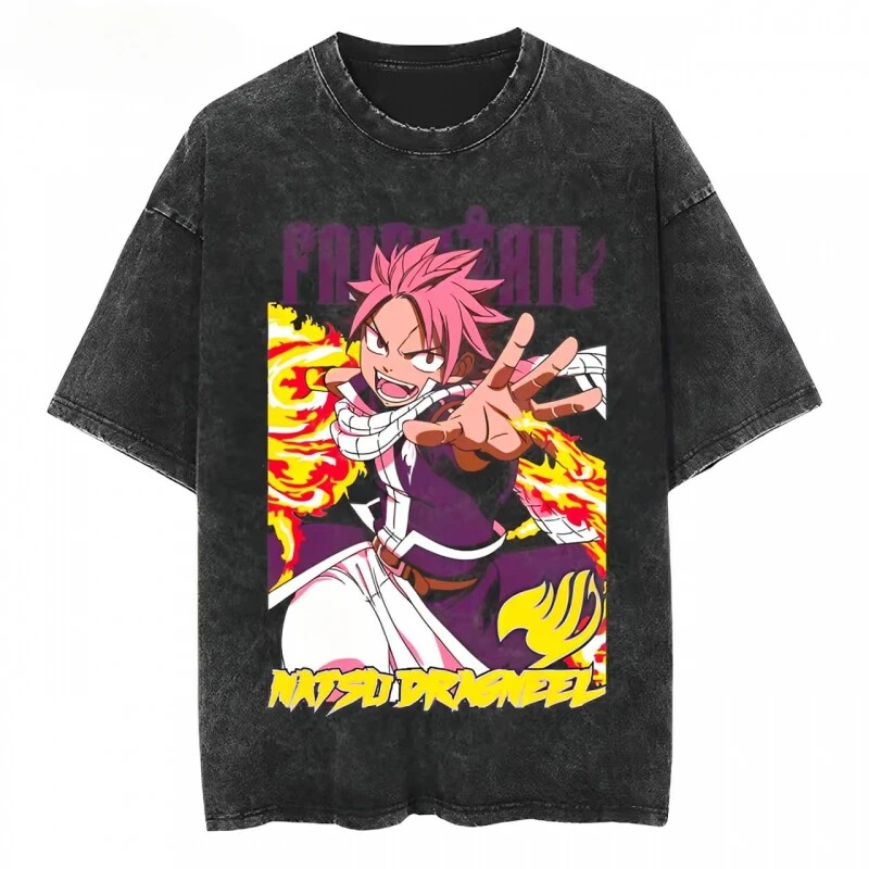 2026 Fairy Tail Anime Printed Short-sleeved T-shirts for Men and Women Loose Retro Old Cotton Shirts for Couples