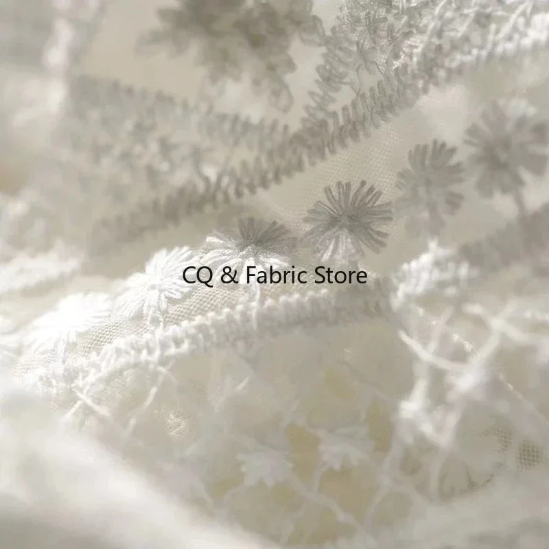 White Black Mesh Embroidered Fabric 130cm Width Fresh Lace Fabric for Wedding Dress Tshirt Sewing Craft Accessory