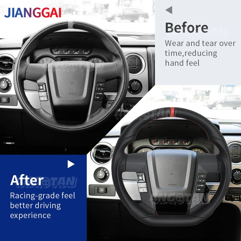 Full Leather Steering Wheel For Ford F150 2009-2014 D-shaped Flat Bottom Steering Whee Red Stitch Without Heated No Paddle Hole