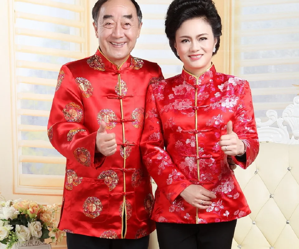 Chinesisches traditionelles Kostüm, Geburtstag, Neujahr, Party, Hochzeit, Männer und Frauen, Tang-Anzug, Satin, bestickte Blumen, Jacke, lässiger Mantel