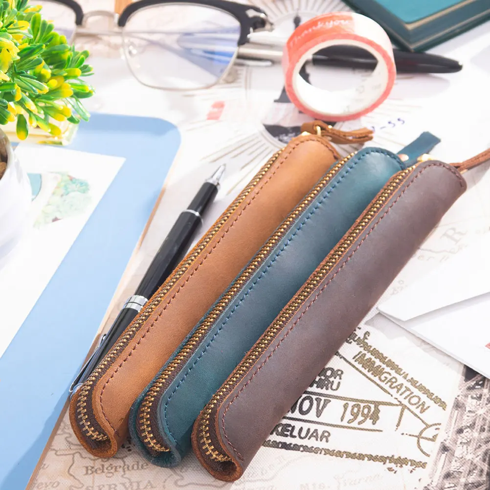 

1 Pcs Retro Genuine Leather Zipper Pen Pouch Organizer Pencil Bag Holder for Fountain Ballpoint Rollerball Pens Durable Material