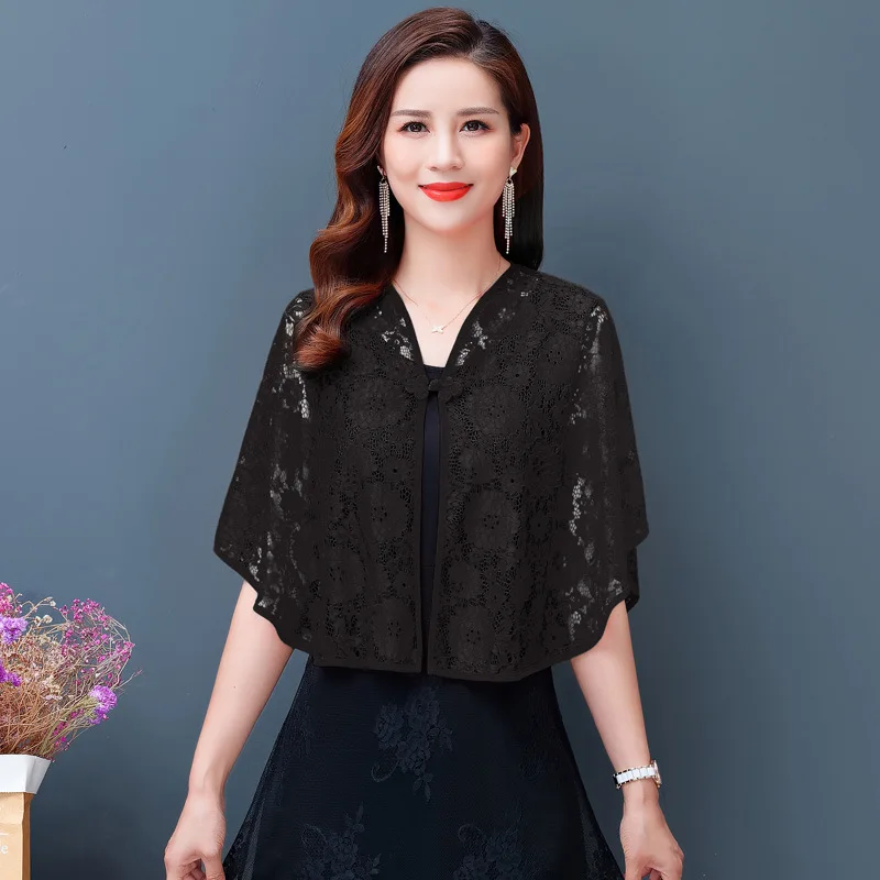 Korean Solid Color Thin Lace Button Coat Sunscreen Shawl Women\'s Summer Soft Hollow Blouse Cardigan Neck Guard Cloak Scarf R10