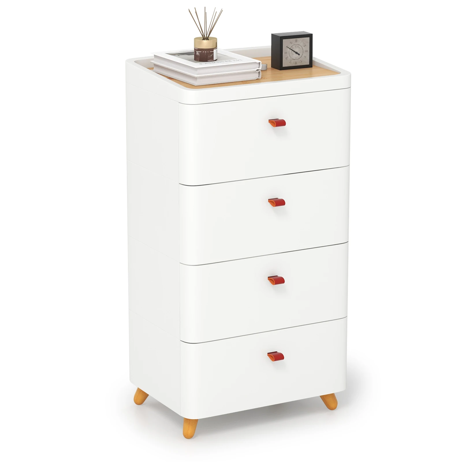 GOFLAME 4-Drawer Dresser, Vertical Storage Tower with Removable Organizer Tray & Solid Wood Legs