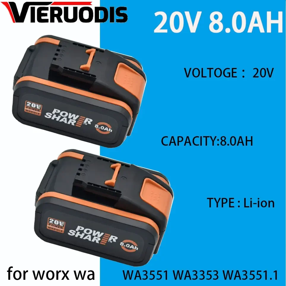 

for worx 20V 8.0Ah Lithium battery Rechargeable WA3553 WA3551 WA3553.1 WA3570 for All WORX Electric and Garden Tools