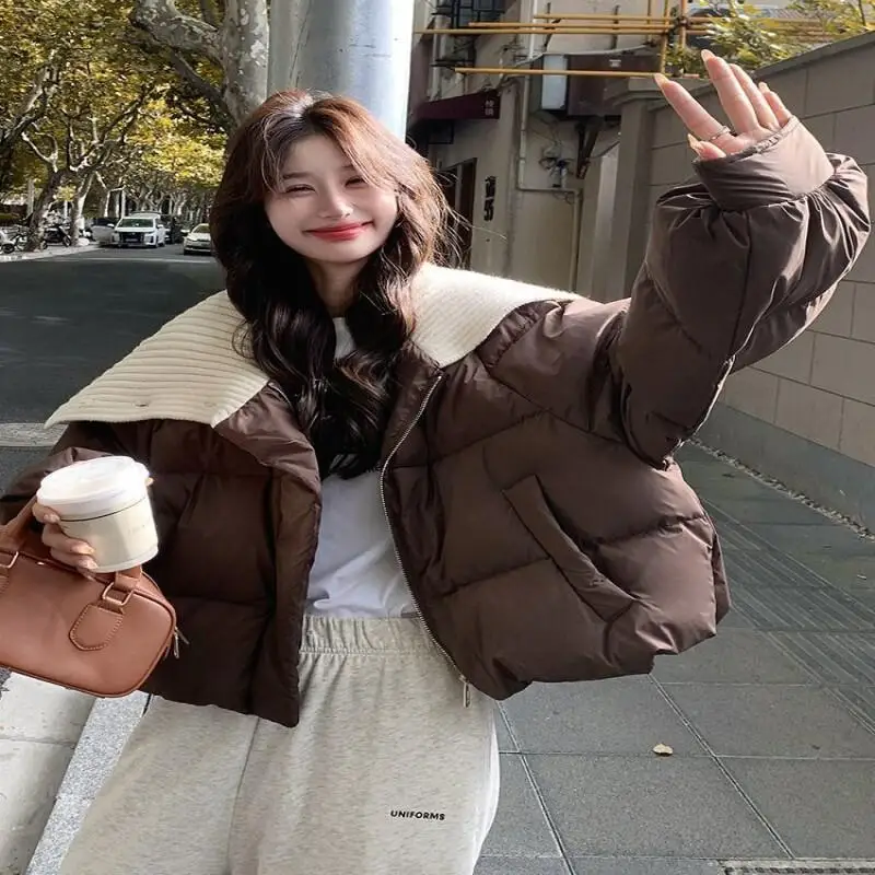 Veste rembourrée pour femme automne hiver courte marron col en tricot veste en coton femmes petite taille 2025 hiver nouveau nouveau modèle de mode