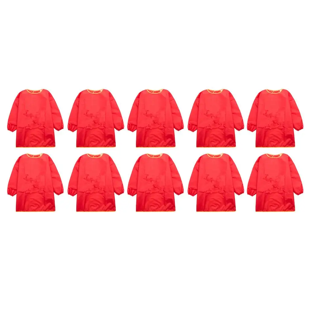 10x Kids Smock Painting Drawing Bib Waterproof Long Sleeve Apron Red_M