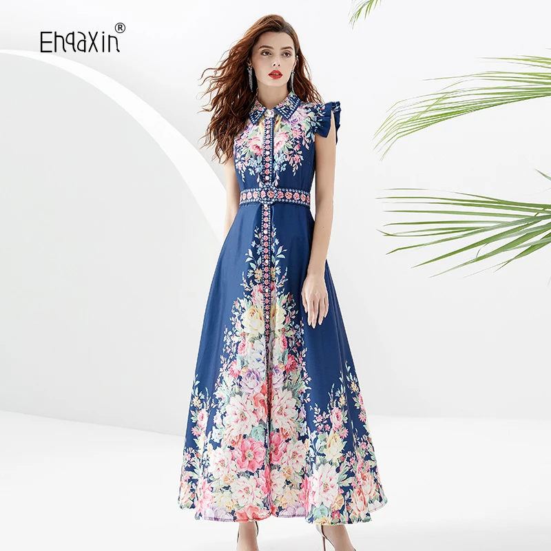 

EHQAXIN 2024 Summer Women's Dress Fashionable Elegant Court Style Printed Short Sleeve Long Ruffle Edge Dresses With Belt S-2XL