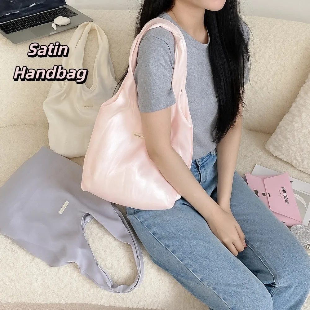 

Leisure Pearlescent Silk Tote Bag Lightweight Solid Color Vest Shoulder Bag Lazy Style Foldable Satin Handbag Commuting