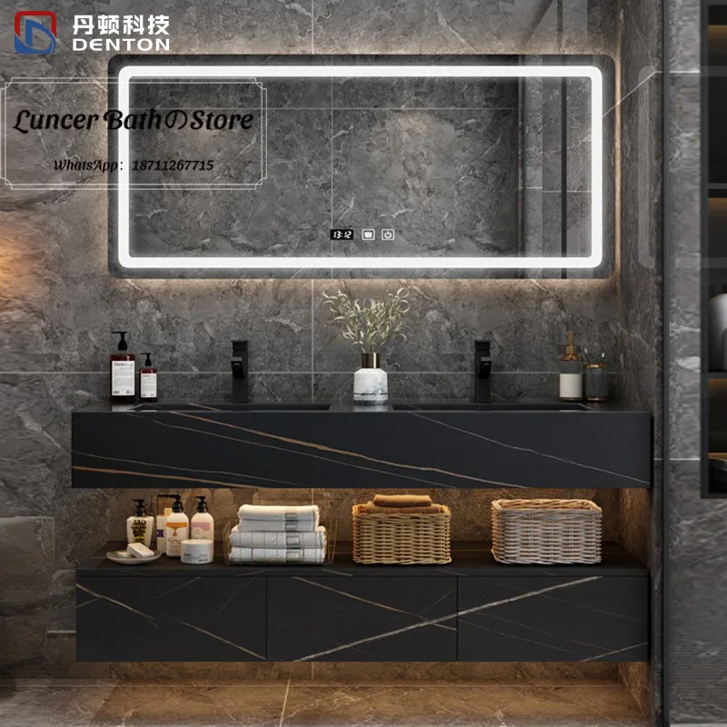 Nordic rock slab integrated bathroom vanity set - modern luxury smart double bowl bathroom cabinet
