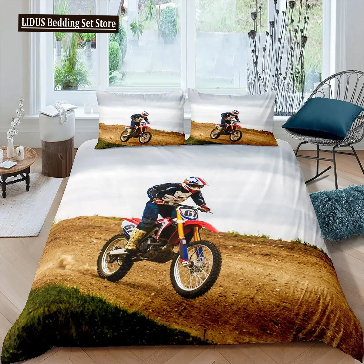 

Motorbike Duvet Cover Set Twin Size Motocross Rider Bedding Set Racing Motorcycle Dirt Bike Extreme Sport Polyester Quilt Cover