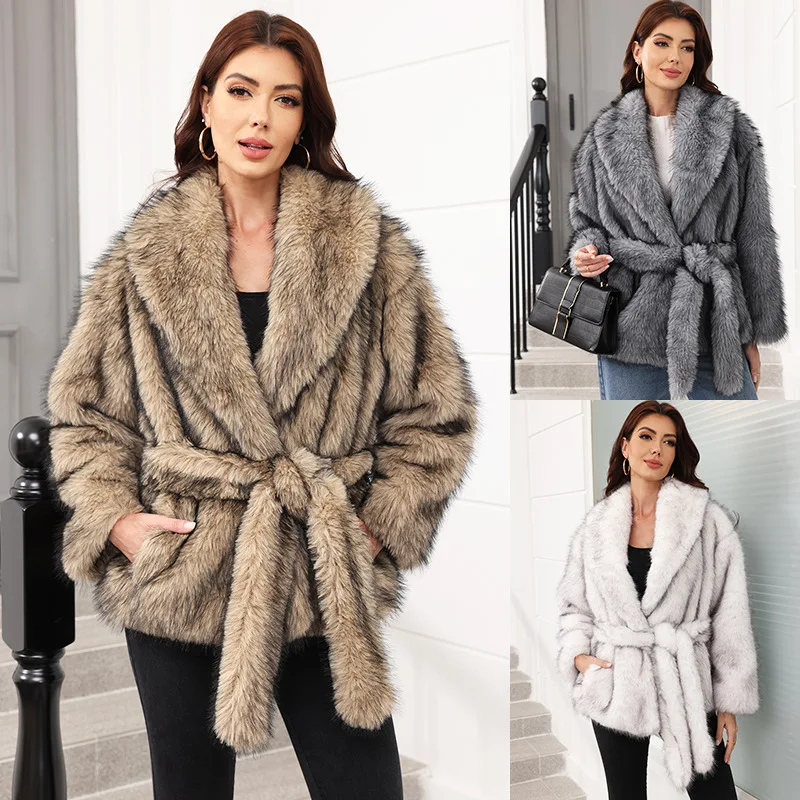

Women Loose Luxury Lacing Faux Fur Coat Brand Simple Advanced Design Solid Fur Fall Street Trend Warm Belt Mid-length Fluffy