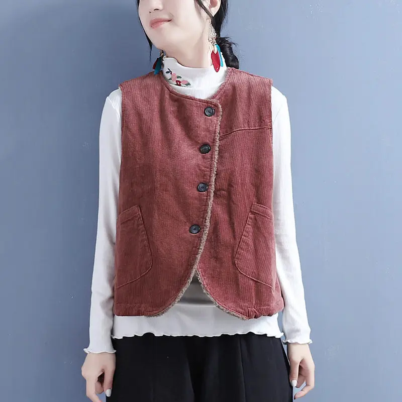 

Autumn And Winter 2023 Corduroy Plush Jacket Diagonal Pocket Vest Women's Chinese Retro Thick Waistcoat Casual Outerwear T2015