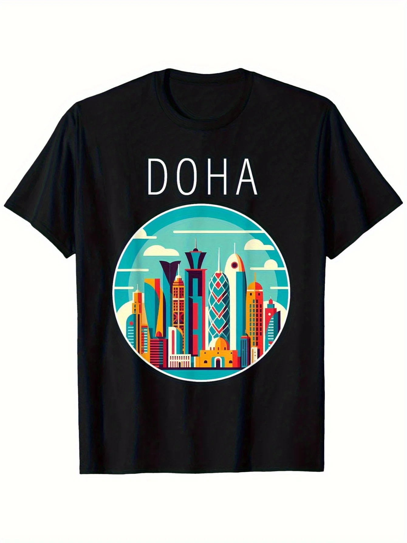 Men's Doha Landmark T-Shirt - Short Sleeve Casual Round Neck Tee with Qatar Skyline, Machine Washable Comfortable Fit Suitable f