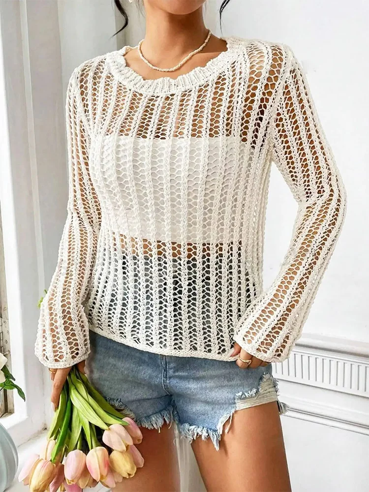 Hollow Out Knit Sweater O-neck Long Sleeve Top Women Solid Knitted Pullover Sweaters Female Mesh Cover Ups Streetwear Casual