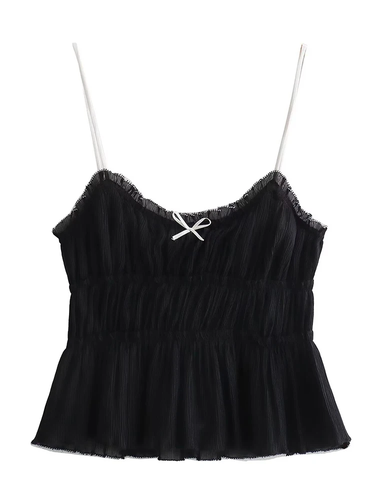 Kar&Otza-2024 summer new sexy sweet style V-neck black pleated slim pure desire small bow lace camisole