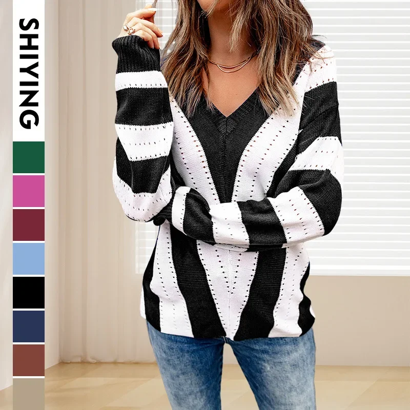 V Neck Striped Outerwear Sweater Women's Autumn Winter New Contrast Color Long Sleeves Knitted Pullover Top