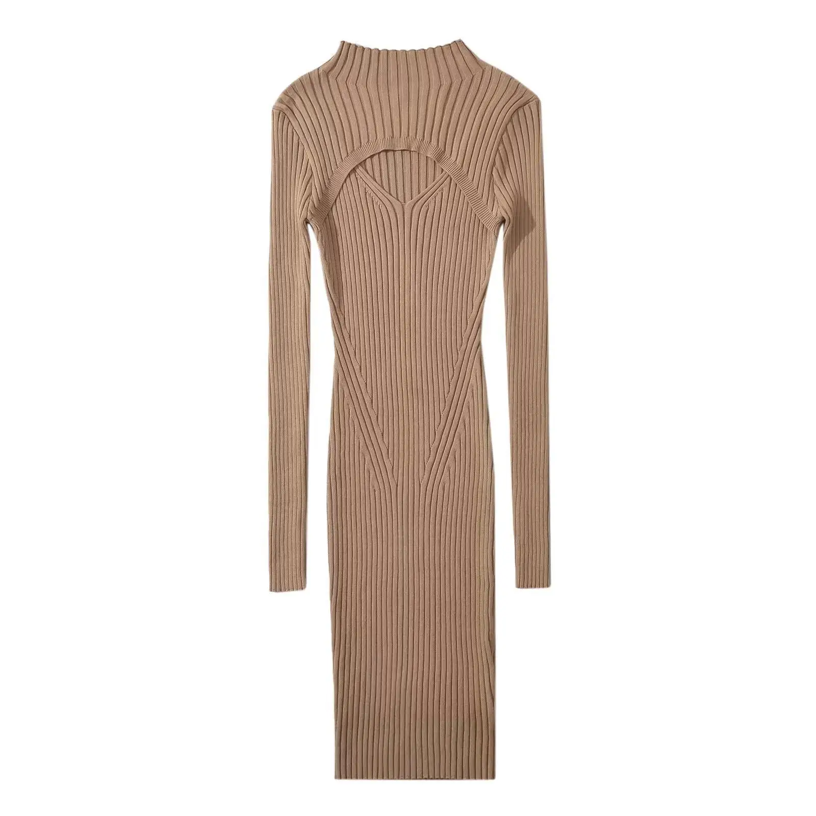 Women Crew Neck Hollow Out Dress Long Sleeve Knitted Slim Stretchable Mini Dresses