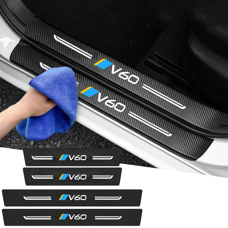 Carbon Fiber Car Accessories for Volvo V60 Badge Door Threshold Protector Stickers Pedal Guards Trunk Sill Scuff Plate Decals