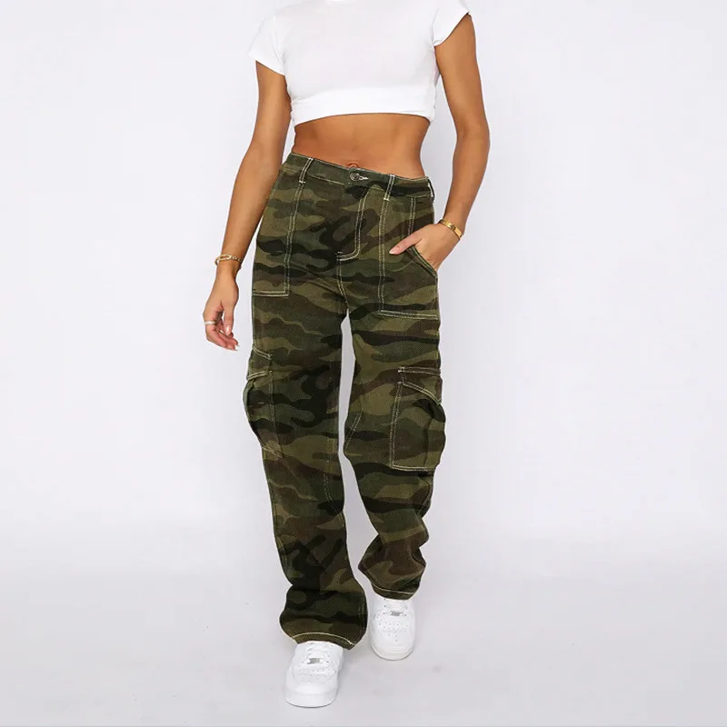 

Women Denim Jeans Straight Pants Camouflage Washing Loose Fit High Waist Pockets Streetwear Slight Strech Cargo Spring 2024