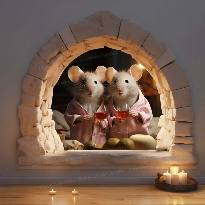 Mouse Couple Toasting Wine Hole Decal Cute Mice Pajama Wall Sticker Valentine's Day Mice Vinyl Anniversary Gift Home Decor S439