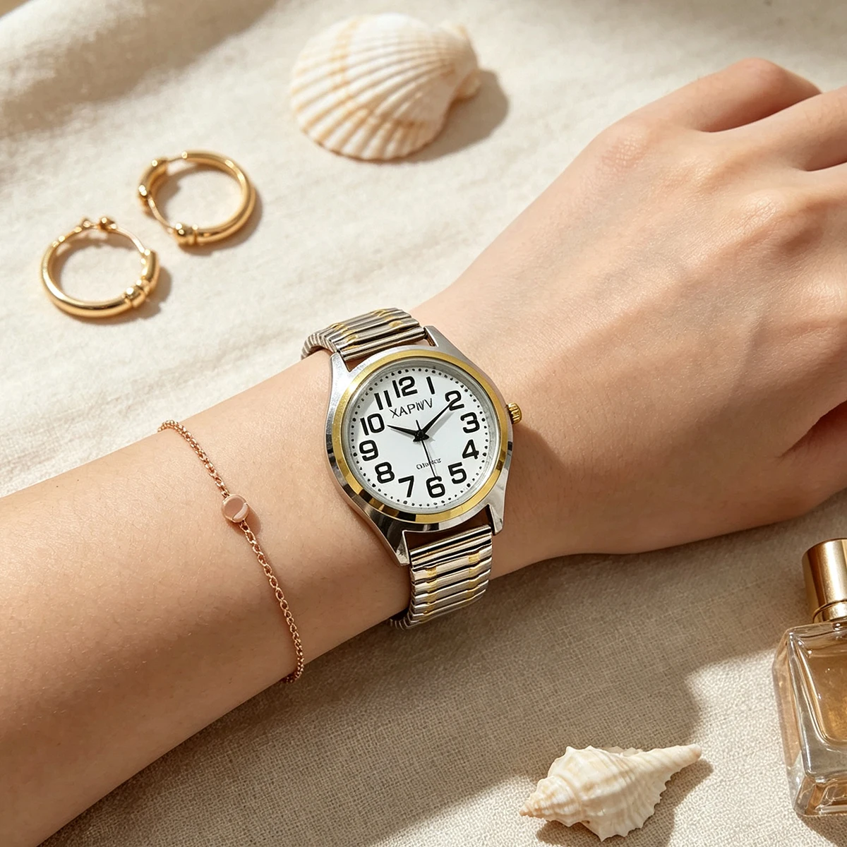 Simple Business Casual Couple's Watch with Elastic Strap and Arabic Numeral Dial, Quartz Watch for Men and Women