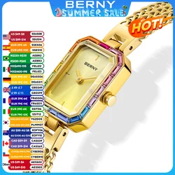 BERNY Women Rectangle Wristwatch Gold Quartz Fashion Jewelry Bracelet Set Minimalist Watch Multicolored Stone Ladies Watches