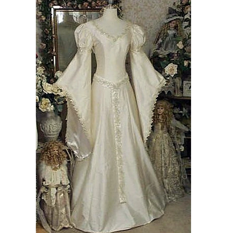 Abito da sposa medievale vintage a linea A con maniche lunghe svasate Abiti da sposa vittoriani rinascimentali Applicazioni in pizzo Abito