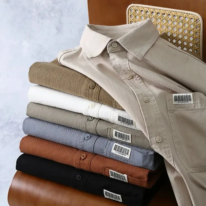 

High-eld Cotton Long-Sve Casual irt Men's Spring New Sle Trendy Barcode Creative Label Stand Fit Regular Thin