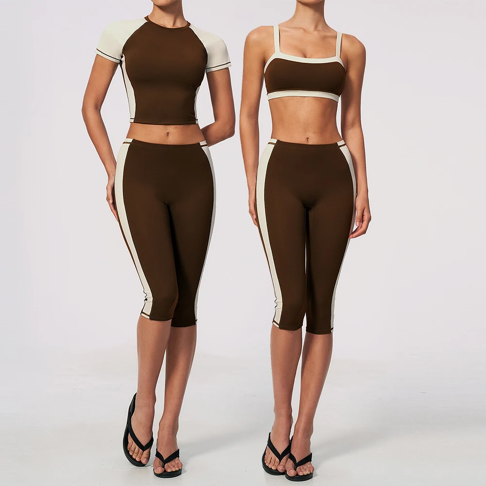 Athletic Wear Women Yoga Set 2pcs Workout Set Sportswear Gym Clothing Fitness Short Sleeve High Waist Capri Pants Sports Suits