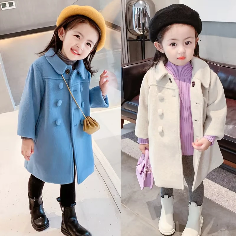 WOOFOO 2-8Years Girls Wool Coats New Korean Version Long Kids Jacket Spring Autumn Double Breasted Children Outerwear Clothing