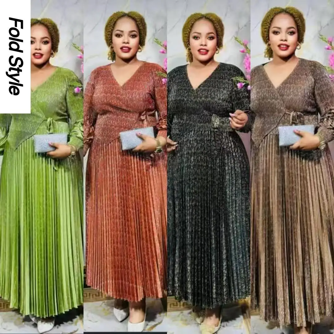 

Miyake African loose women's fashion pleated dress V-neck hand-cranked flower bronzing loose temperament elegant women's dress