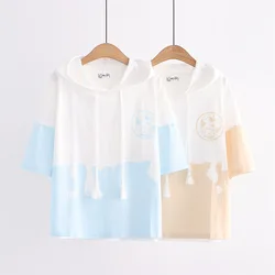 2024 Summer New Women Hooded Tshirt Colors Irregular Patchwork Tshirt Short Sleeve Casual Loose Tee Shirt All-Matching Tops