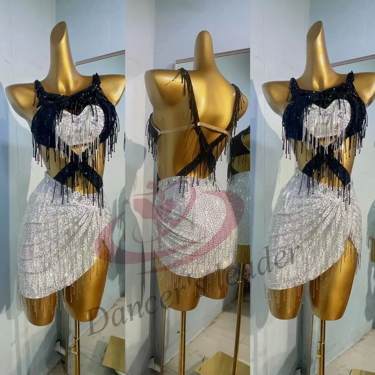 Latin Dance Competition Women's High-end Customized Black and White Color Matching Rumba Samba Performance Dress