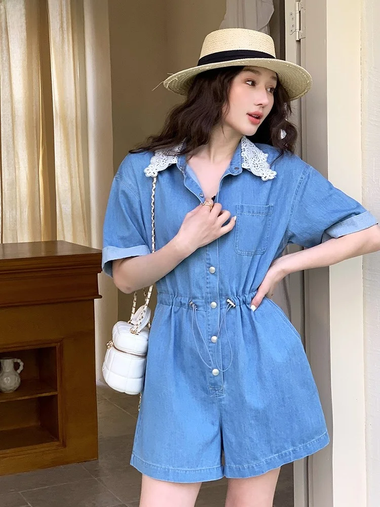 

Летние новые джинсовые шорты Naning9 с кружевным воротником, завышенной талией и шнурком, повседневные, прямые, укороченные