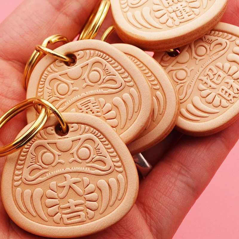 Dharma Key Chain Genuine Leather Cowhide Pendant Peaceful Greetings Bliss Fortune Luck Bag Charm Gift for Friends Accessories