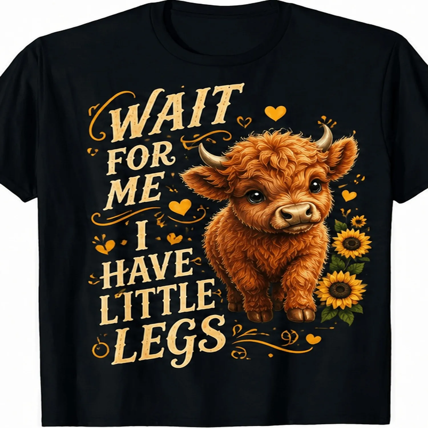 Highland Cow with Sunflowers Round Neck Short Sleeve T-Shirt, Loose Fit, Soft Feel, All-Season Wear, Machine Washable, Local Warehouse 100% cotton t shirt, Gift tshirt