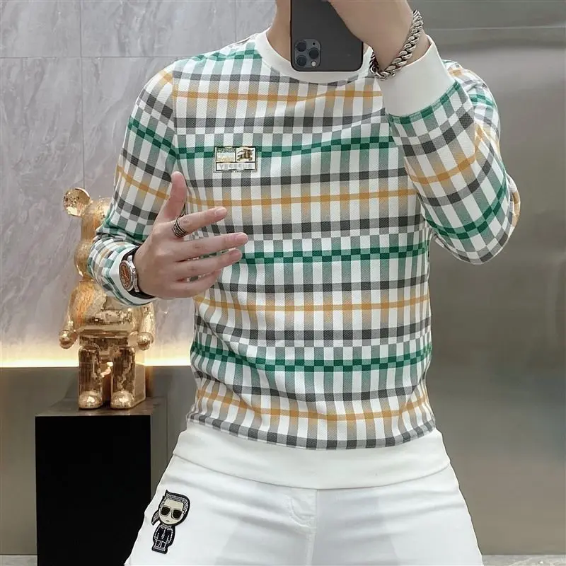 

Trendy High-end Men's Sports Sweatshirts, Fashionable Plaid Printed Long-sleeved Bottoming Shirt Pullover T-shirt