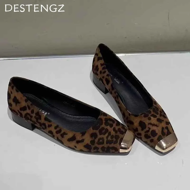 Leopard Chunky Woman Suede Loafers Shoes Square Toe Shallow Fashion Walking Shoes 2024 Winter New Trend Casual Mujer Zapatillas