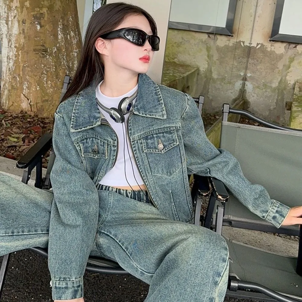 

Outfits Y2K Children Cowboy Set Wide Leg Pants Teens Jeans Jacket Suit Loose Retro Girls Clothes Set Summer Autumn