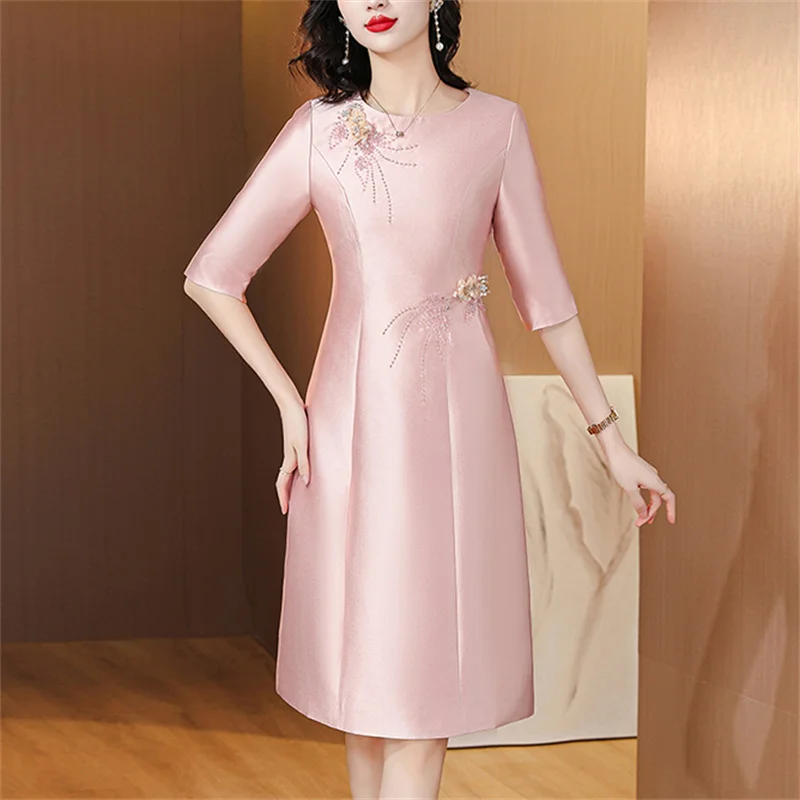 OL Formal Dress For Women Elegant Flower Embroidery O-Neck Slim A-Line Midi Dresses Luxury Beading Dinner Party Dresses J393